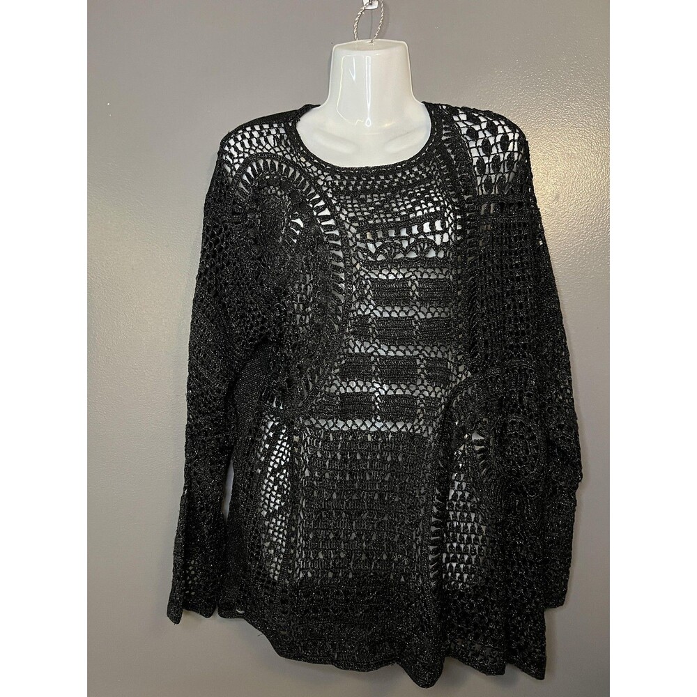 Arlene Sweater Womens Medium Large Black Crochet Knit Sheer Metallic Boho